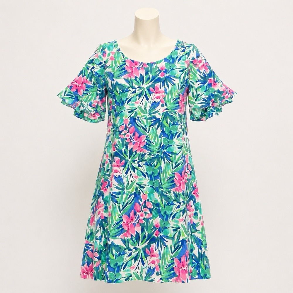 Pappagallo Dress Large Erika Tropical Print Flutter Sleeve Preppy Resort Coastal